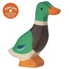 A handcrafted wooden **Holztiger Mallard** painted in green, orange, brown, and white. Made from maple and beech wood like HOLZTIGER figures, the toy has a "spiel gut" orange recommendation seal on the upper left corner, indicating it is a well-regarded children's toy.