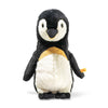 The Nala Penguin Stuffed Plush Animal, standing at 13 inches tall, features a black and white body, black flippers, and a yellow patch on its chest. An adorable addition to any collection, it has a tag on its right side with a small yellow rectangle and red text as it stands upright on a plain white background.