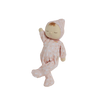 A Olli Ella x Odin Parker Dozy Dinkums - Blossom plush doll dressed in a pink onesie with a hood, decorated with subtle heart patterns, appears to be floating or hanging, against a black background with horizontal white lines.