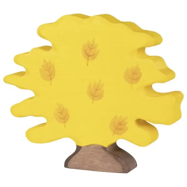 A yellow, abstract, tree-shaped wooden decoration with small leaf designs painted in the center. The trunk is painted brown, giving it a two-tone appearance. Handcrafted from wood, this piece combines simplicity and play value similar to the Holztiger Maple Tree. The overall design is playful and charming.