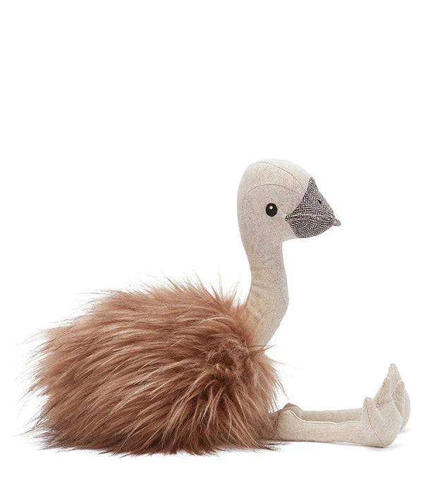 Eddie The Emu Stuffed Animal is a plush toy with a fluffy brown body, beige legs and neck, measuring 45cm x 15cm. Its head features a small beak and simplistic facial features, giving it a whimsical appearance. Suitable for children aged 3 and up, this toy sits upright with its legs extended forward and is spot clean only.