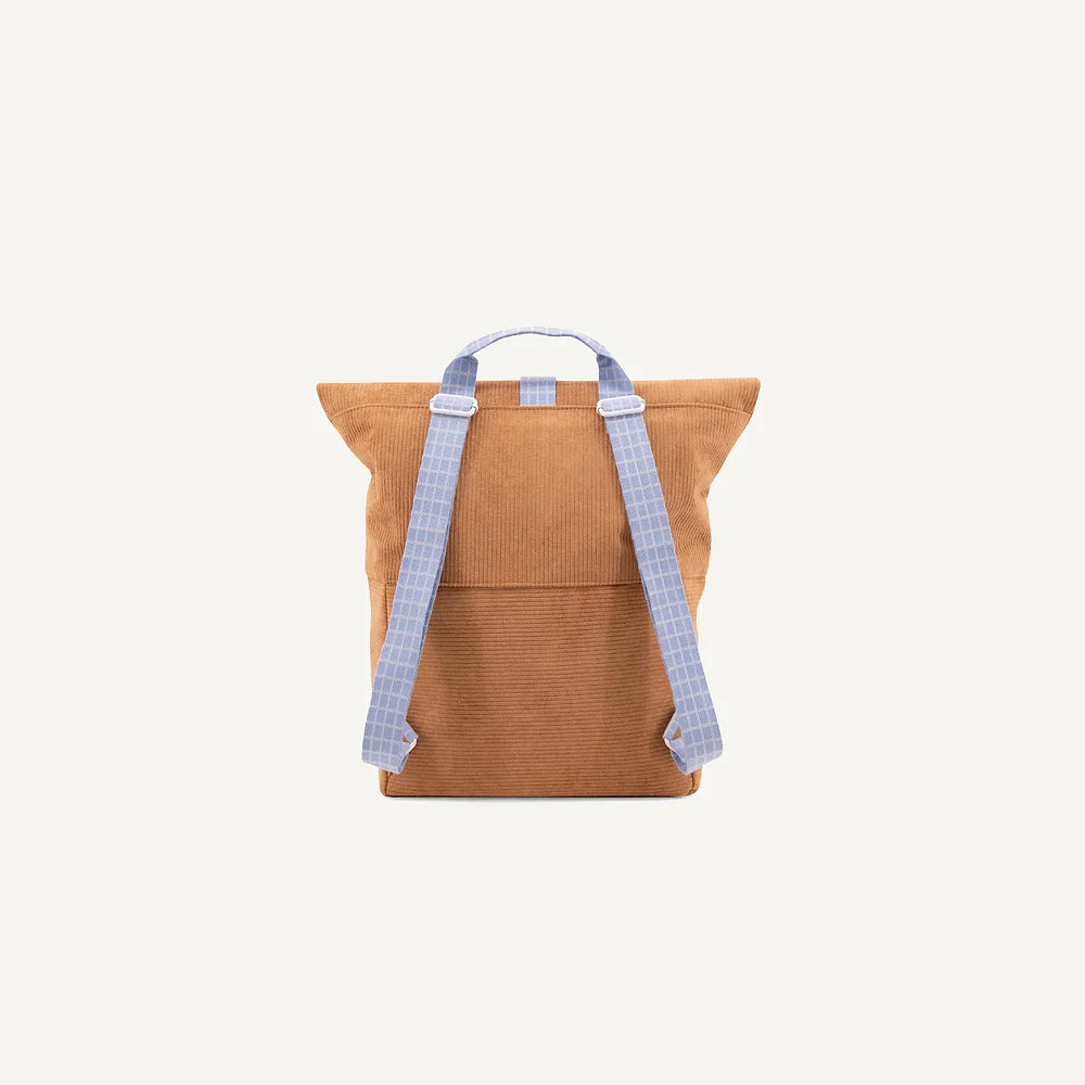 A brown Sticky Lemon Backpack | Farmhouse | Corduroy Harvest Moon with light blue checkered straps, displayed against a white background, made of recycled RPET.