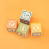 Three Uncle Goose Classic ABC Blocks spelling "fox" with animal illustrations, set against a plain orange background.