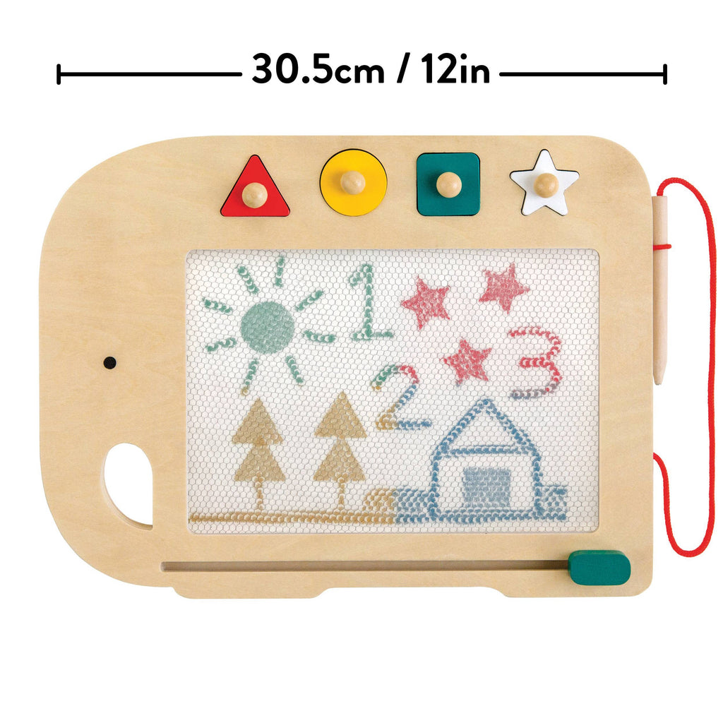 The Wooden Elephant Magic Drawing Board, measuring 30.5 cm / 12 in, provides creative fun with colorful buttons for different shapes and a pen attached by a red string. You can create drawings of a sun, numbers, stars, trees, and a house using magnetic stamps.