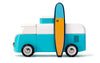 The VW Beach Bus Ocean, inspired by the iconic Volkswagen Type 2, showcases a retro design in vibrant blue and white. Featuring rounded shapes and detailed sides, it includes an attached orange and blue toy surfboard that adds a playful beach vibe reminiscent of sun-soaked coastal adventures.