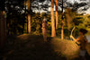 A girl wearing a helmet and striped dress stands on a grassy hill, holding a wooden sword as a boy with an Wooden Bow & Arrows Set with Goal prepares to shoot an arrow, surrounded by tall pines.