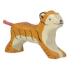 A small wooden figurine of a tiger, reminiscent of the Holztiger Tiger, Small, Running, crafted with orange and black stripes, a white face, and black ears. Standing on all fours with its head slightly turned to the side and a hint of a pink tail visible, this handcrafted wood piece embodies European artistry.