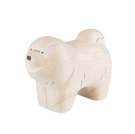 A small, light-colored, hand-carved wooden figurine of a dog with a rounded face, small ears, and a smiling expression. The dog has simple black dot eyes and a nose, with minimal carved details to represent fur and features. This charming Handmade Tiny Wooden Animals - Chow Chow Dog stands on four sturdy legs.