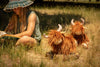 A young girl sits on grass in a sunlit field, wearing a wide-brimmed hat, and reads a book. Beside her, two plush Orangutans Stuffed Animals with scruffy brown fur rest on the ground. The scene is peaceful and summery, reminiscent of the quiet bond found between a mother and daughter in nature.