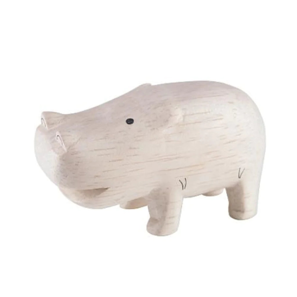 Product Description: Introducing the Handmade Tiny Wooden Safari Animals - Hippo: a small, light-colored wooden figurine shaped like a hippopotamus, meticulously crafted from Albizia wood. Its minimalist design boasts a smooth finish, two small eyes, and delicate details for legs and mouth. This handcrafted wooden animal exemplifies simplistic elegance in handmade toys.