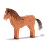 A Ostheimer Brown Horse with a carved mane and tail, showcasing smooth edges and natural wood grain patterns, representative of handcrafted wooden toys, set against a plain white background.