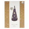 The Meri Meri Wizard Party Hats & Wands - Final Sale set, showcased in its light brown cardboard packaging adorned with stars and moons, includes six cone-shaped hats decorated with metallic stars and moons, accompanied by wands topped with glittery star shapes.