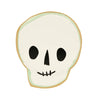 A minimalistic, cartoon-style illustration of a white skull featuring black, oval-shaped eye sockets, a triangular nose hole, and a small mouth with five black vertical lines for teeth. The skull is outlined in yellow and has a clean design ideal for the Meri Meri It's Halloween! Plates.