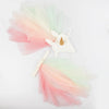 The Meri Meri Rainbow Unicorn Costume - Final Sale includes a magical white unicorn headband adorned with a golden horn and pastel-colored tulle, paired with a coordinating tutu showcasing layers of pink, green, and peach-colored tulle, ideal for Unicorn dress up against a white background.