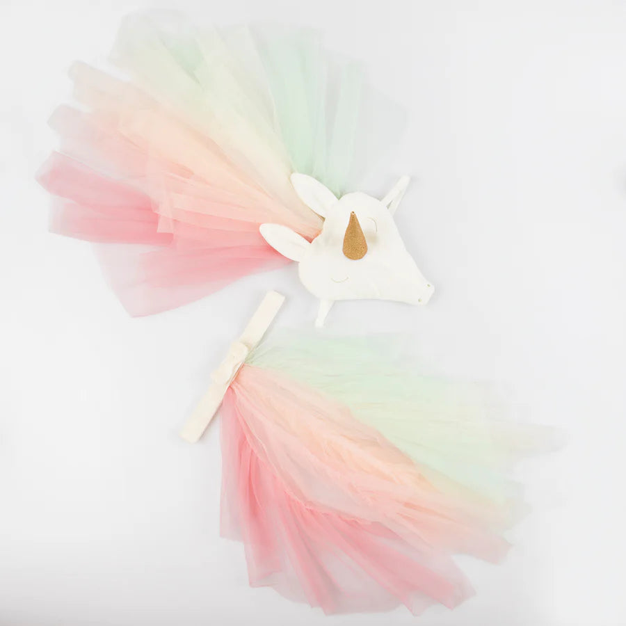 The Meri Meri Rainbow Unicorn Costume - Final Sale includes a magical white unicorn headband adorned with a golden horn and pastel-colored tulle, paired with a coordinating tutu showcasing layers of pink, green, and peach-colored tulle, ideal for Unicorn dress up against a white background.