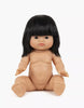 A Minikane Baby Doll (13") - Jade with straight black hair is seated against a white background. The doll has a neutral expression, detailed features, and realistic skin tones, with arms extended forward and legs spread slightly apart. It also has a natural vanilla scent for added realism.