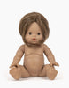 A Minikane Baby Doll (13") - Leopoldine with light brown skin and medium-length brown hair in a bob hairstyle is sitting upright. The anatomically correct doll is unclothed, with its arms slightly extended and legs apart, displaying a neutral facial expression against a plain white background.