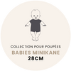 Illustration of a baby doll dressed in Antonin pebble cotton gauze overalls and a white jersey t-shirt, above the text "Collection pour poupées Babies Minikane 28cm" inside a beige circle.