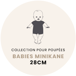 Illustration of a baby doll wearing a dark outfit, centered within a circular design. Text below the illustration reads: "Collection Pour Poupées," "Babies Minikane," and "28cm," highlighting this phthalate-free vinyl Minikane Soft Body Doll (11") - Madder from a collection featuring 28cm Minikane baby dolls perfect for imaginative playtime.