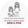 Illustration of two Minikane Gordis dolls from the collection. One doll is standing, and the other is seated, both dressed in a stylish Minikane Doll Clothing | Lina Set in Cream Knit. The text below reads "Collection pour poupées Gordis Minikane 34CM & 37CM.