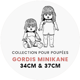 Illustration of two Minikane Gordis dolls from the collection. One doll is standing, and the other is seated, both dressed in a stylish Minikane Doll Clothing | Lina Set in Cream Knit. The text below reads "Collection pour poupées Gordis Minikane 34CM & 37CM.