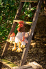 Randy the Rooster Stuffed Animal, complete with two attached chicks, sits on a wooden ladder outdoors. The ladder is set against a backdrop of lush green foliage, illuminated by warm sunlight to create a cozy and inviting scene.