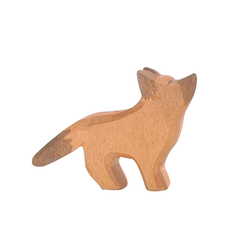 A handcrafted Ostheimer German Shepherd, Small, reminiscent of Ostheimer toys, stands on all four legs with its head looking upwards. The minimal detailing highlights the natural wood grain, emphasizing sustainable materials. The shepherd's tail is slightly curved, and its ears perk up against a plain white background.