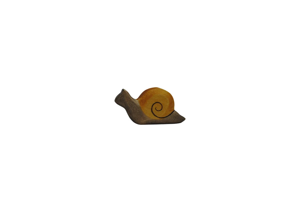 Handmade Holzwald Small Snail figurine with a brown body and a rounded, yellow shell featuring a spiral pattern, isolated on a plain white background.