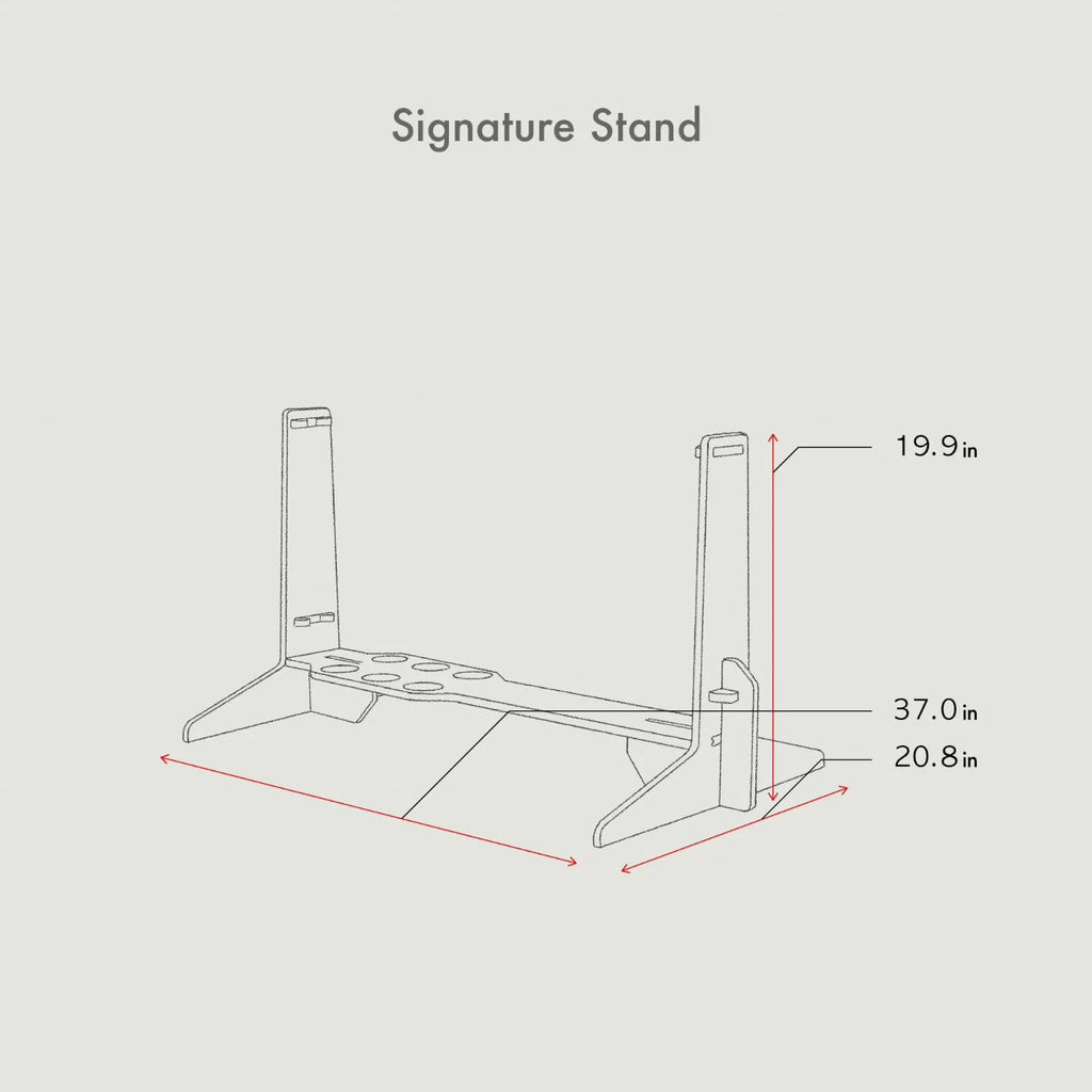 Illustration of the NORITER Signature Double-Sided Board Bundle stand displaying dimensions. The height is 37.0 inches, the depth is 20.8 inches, and another component measures 19.9 inches. The stand includes a base with vertical supports and is designed to hold an ivory-colored board for versatile use.