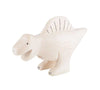 A Handmade Tiny Wooden Spinosaurus Dinosaur with a white, lightly textured surface. Hand-carved from eco-responsible forests, it features a sail-like back with black lines, a short tail, and four stumpy legs. Its mouth is open in a friendly expression, and it has two small dots for eyes—a unique handcrafted decoration.