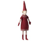 A Maileg Small Mrs. Clause doll wearing a red sweater dress with a Nordic pattern and a tall, pointed red hat, standing against a white background. The doll’s face is featureless, with stitched ears.