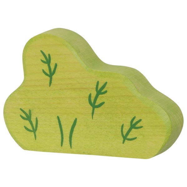 A small, light green wooden block shaped like a bush with dark green leaf patterns painted on it. The block has a smooth, rounded top and solid base – a charming addition to your collection of handcrafted wooden toys. This delightful piece is reminiscent of the quality found in Holztiger Bush figures made in Europe.