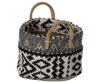 Maileg | Miniature Basket with a black and white geometric pattern and two sturdy brown handles, isolated on a white background.