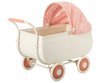 A vintage-style white Maileg Micro Pram with pink and white checkered fabric cover and matching pink wheels isolated on a white background.