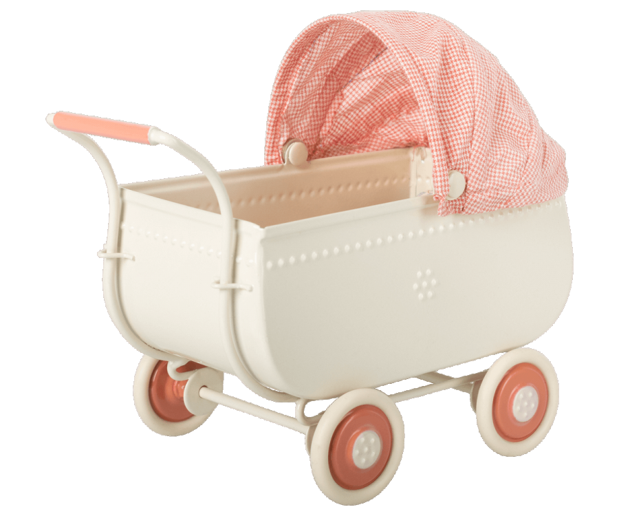 A vintage-style white Maileg Micro Pram with pink and white checkered fabric cover and matching pink wheels isolated on a white background.