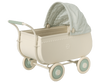 A vintage beige Maileg Micro Pram with mint green details and wheels, featuring a check-patterned canopy. The pram is designed with elegant curves and soft fabric interiors.