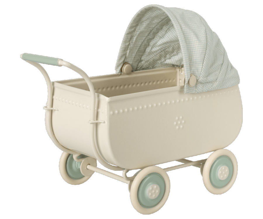 A vintage beige Maileg Micro Pram with mint green details and wheels, featuring a check-patterned canopy. The pram is designed with elegant curves and soft fabric interiors.