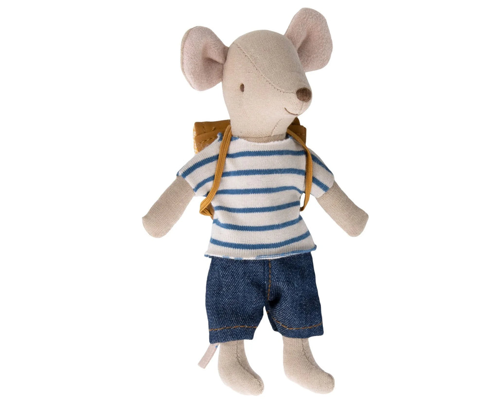 A small stuffed mouse toy dressed in Maileg Extra Clothing: Clothes & Bag for Big Brother. The mouse has beige fur, large round ears, and a long nose, giving it a cute and charming appearance that's perfect for any doll clothes accessories collection.