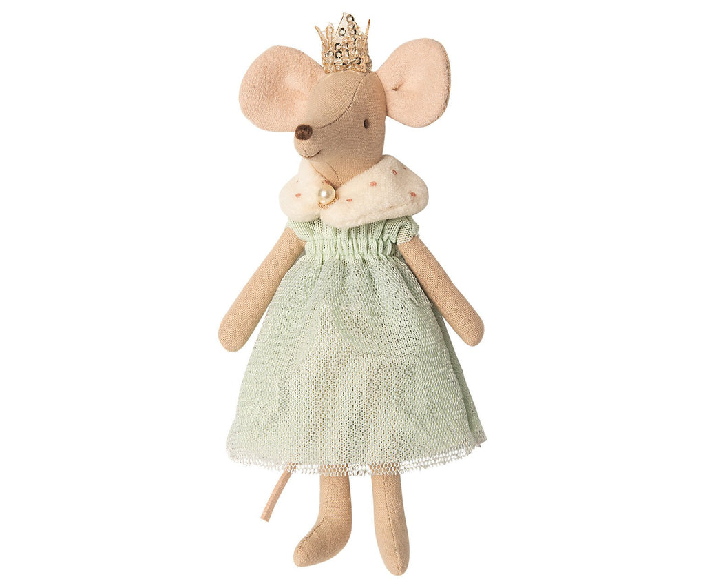 A Maileg Royal Mouse wearing a green dress and a golden crown, standing upright against a white background. The mouse has long limbs, large ears, and a gentle expression.