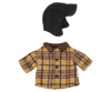 The Maileg Extra Clothing: Woodsman Jacket and Hat for Teddy Dad is a delightful ensemble featuring a doll-sized plaid coat with brown buttons and a collar, perfectly complemented by a dark gray wool hat. The vibrant yellow, red, and blue checkered pattern adds a touch of flair. Each item can be bought separately, offering versatile styling possibilities.