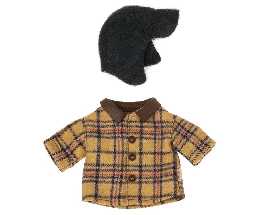 The Maileg Extra Clothing: Woodsman Jacket and Hat for Teddy Dad is a delightful ensemble featuring a doll-sized plaid coat with brown buttons and a collar, perfectly complemented by a dark gray wool hat. The vibrant yellow, red, and blue checkered pattern adds a touch of flair. Each item can be bought separately, offering versatile styling possibilities.