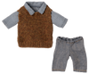 A doll outfit perfect for Teddy Dad, featuring a checkered blue and white shirt with an attached brown knitted vest and light blue trousers. The long-sleeved shirt has a collar, while the trousers come with an elastic waistband. Each piece can be purchased separately for mix-and-match fun. This is Maileg Extra Clothing: Shirt, Slipover and Pants for Teddy Dad.