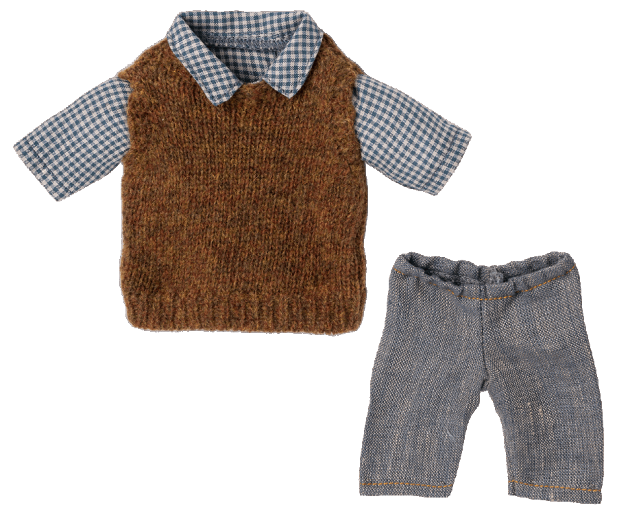 A doll outfit perfect for Teddy Dad, featuring a checkered blue and white shirt with an attached brown knitted vest and light blue trousers. The long-sleeved shirt has a collar, while the trousers come with an elastic waistband. Each piece can be purchased separately for mix-and-match fun. This is Maileg Extra Clothing: Shirt, Slipover and Pants for Teddy Dad.