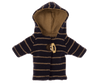 A charming, small duffle coat designed for Teddy Junior dolls, this Maileg Extra Clothing piece features a dark blue and tan striped exterior with a hood. The coat boasts long sleeves and toggle button closures, while the interior showcases a lighter, checkered pattern, making it an ideal stylish addition for any little companion.