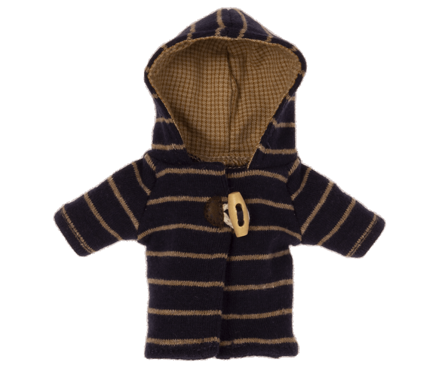 A charming, small duffle coat designed for Teddy Junior dolls, this Maileg Extra Clothing piece features a dark blue and tan striped exterior with a hood. The coat boasts long sleeves and toggle button closures, while the interior showcases a lighter, checkered pattern, making it an ideal stylish addition for any little companion.