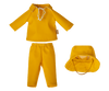 Introducing the charming Maileg Extra Clothing set: Rainwear for Teddy Dad, which includes yellow doll clothes featuring a long-sleeve top with white ties at the neck, coordinating pants, and a stylish wide-brimmed bucket hat.