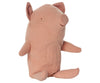 The Maileg Truffles the Pig, Baby is a soft, plush toy featuring light pink fabric and checkered patterns inside its ears. Made from recycled polyester, this adorable pig has a simple design with minimal facial features and a slightly curved body.