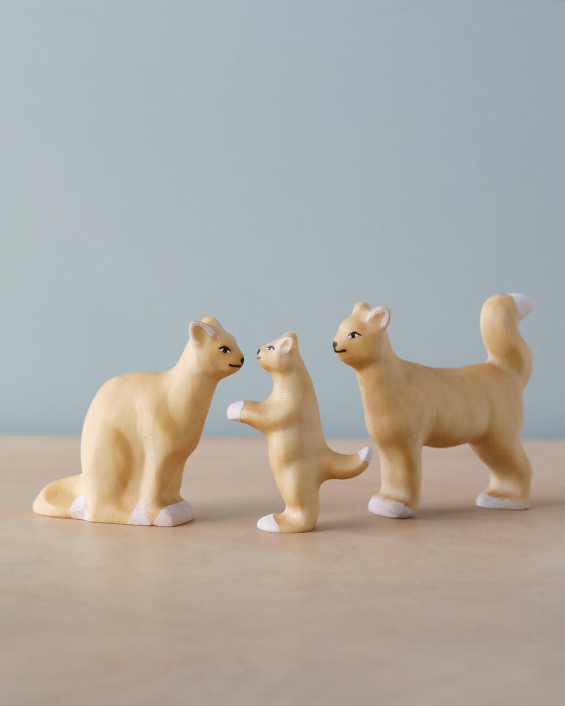 Displayed on a light wooden surface against a pale blue background, the Handmade Wooden Cat Family includes three figurines crafted from Romanian ash wood. Finished with water-based paint and beeswax, the light beige cats feature charming details like white-tipped paws and tails. One cat is seated, another stands on its hind legs, and the third walks with its head turned.