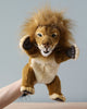 A Lion Puppet is held up against a plain background. The puppet features realistic facial features, with a shiny mane and detailed expressions that give it a unique personality. The lion's paws are raised, and it has a soft, plush body.