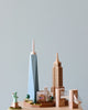 A close up of the landscape of the music box, showcasing the skyscrapers of New York City. 